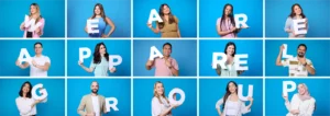 15 squares with people holding letters to form ‘’we are apparel group’’