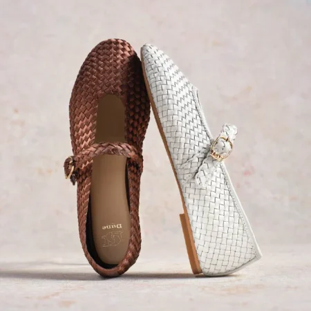 DUNE LONDON HEADLINE: Woven ballet flats with a soft rounded toe and adjustable strap—crafted for elegance, ease, and everyday wear.