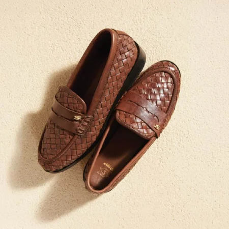 DUNE LONDON GINELLO: Woven leather penny loafers with signature weave finish, low stacked heel & DD pin—refined craftsmanship in every step.